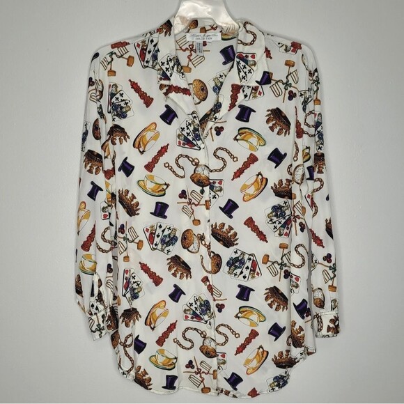 Vintage button front cards chess games crown novelty print blouse size 16w - Picture 1 of 6